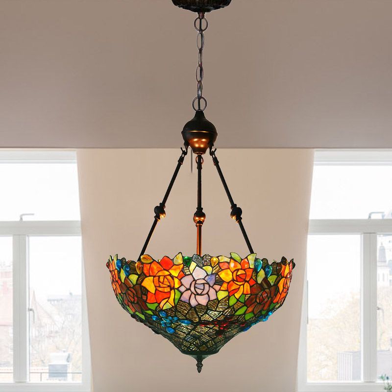 3 Lights Chandelier Pendant Light Mediterranean Flower Stained Art Glass Hanging Lamp in Red/Orange/Green