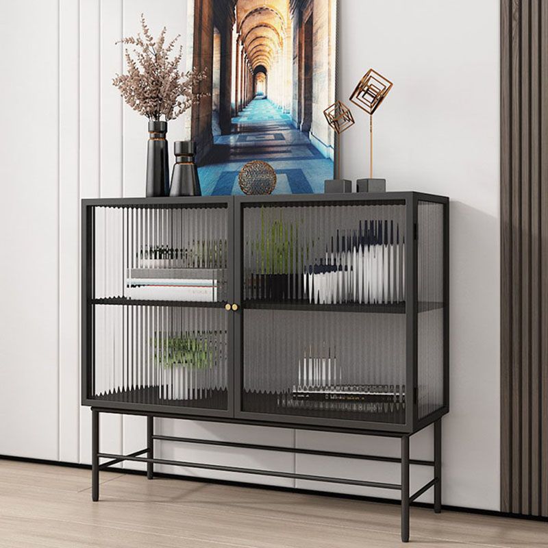 Modern Black Iron Sideboard Glass Doors Cabinets Dining Server for Living Room
