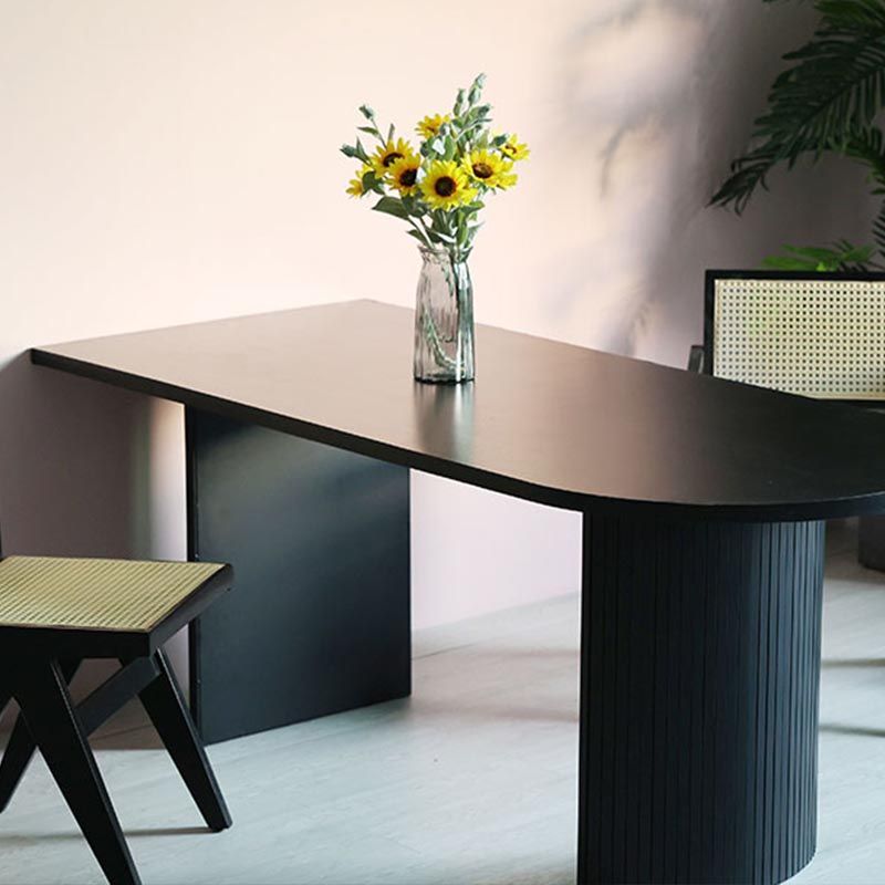 Simplicity Double Pedestal Dining Table Free Form Black Fixed Table with Wooden Top