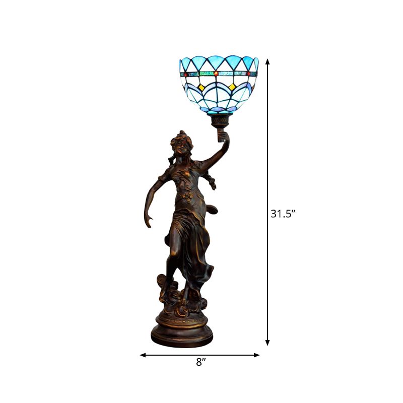 Tiffany-Style Angel Girl Table Lamp Single-Bulb Blue and White/Beige Cut Glass Nightstand Light for Bedroom