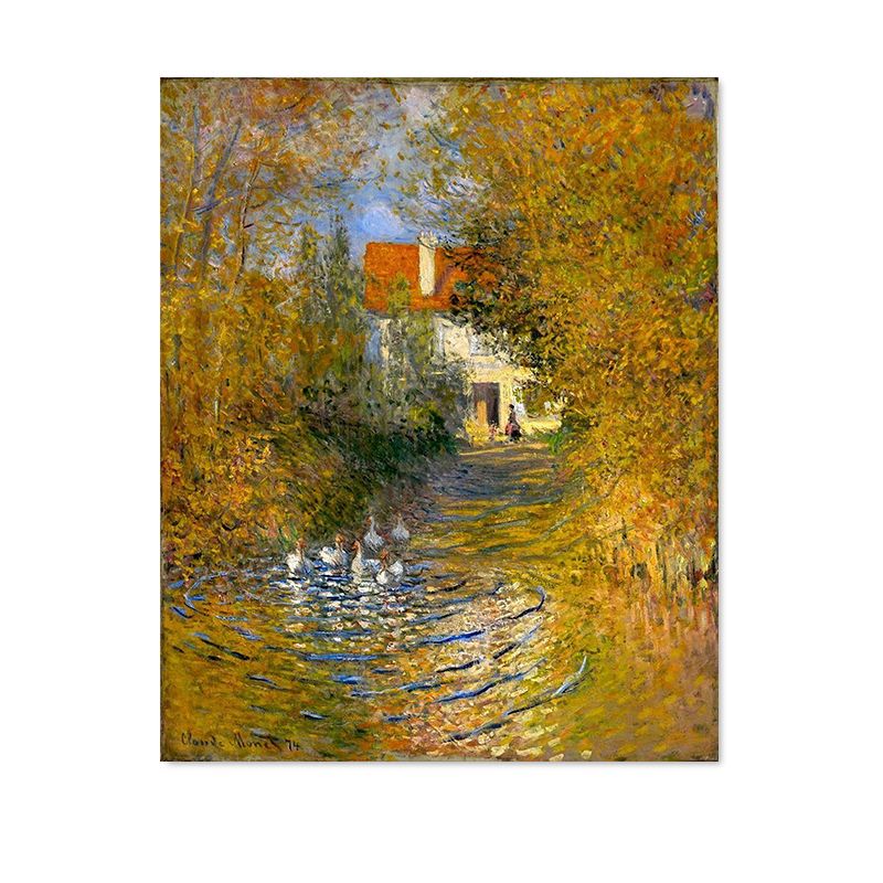 Geese in the Creek Art Print Textured Rustic House Interior Canvas in Yellow-Orange