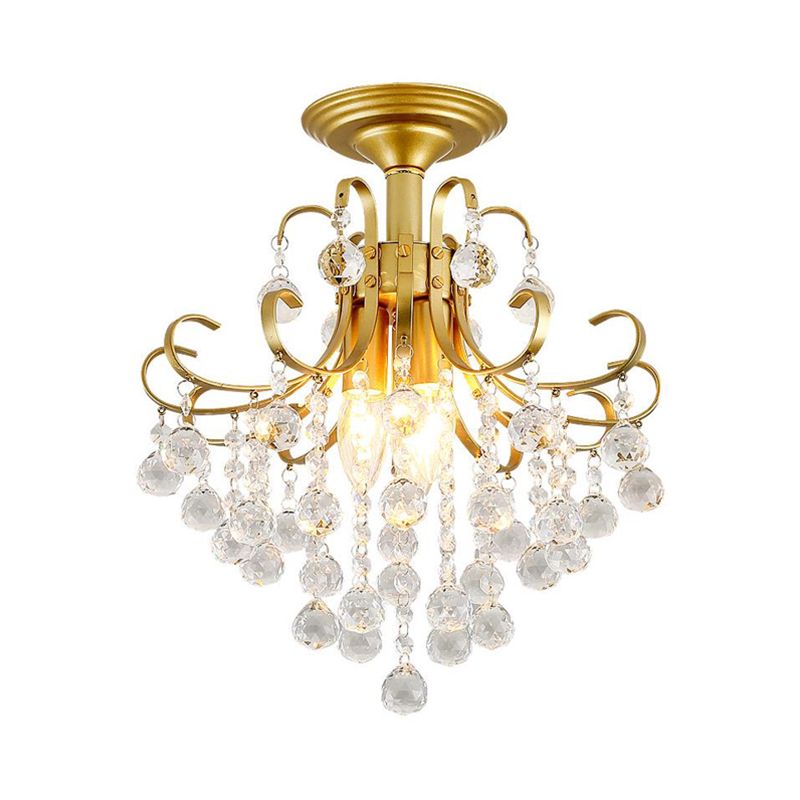 Lámpara de techo con brazo curvo, bola de cristal facetada contemporánea, 3 luces, luz semiempotrada dorada/negra