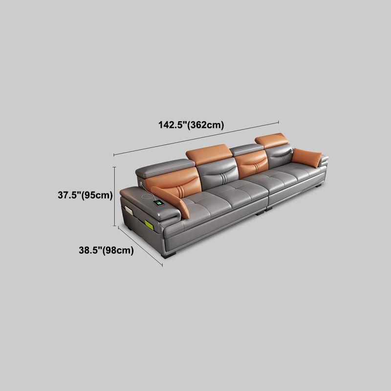 Gray Genuine Leather Sectional Sofa with Storage Bag Adjustable Sofa