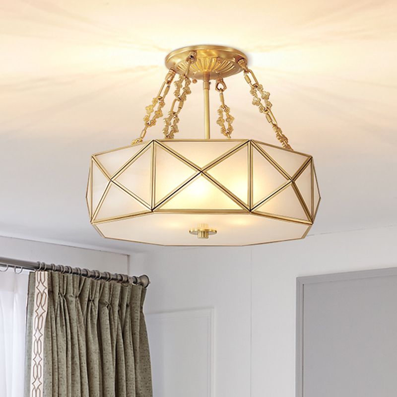 Colonial Drum Ceiling Mount Chandelier 4 Bulbs Frosted White Opal Glass Semi Flush Light Fixture in Brass for Bedroom