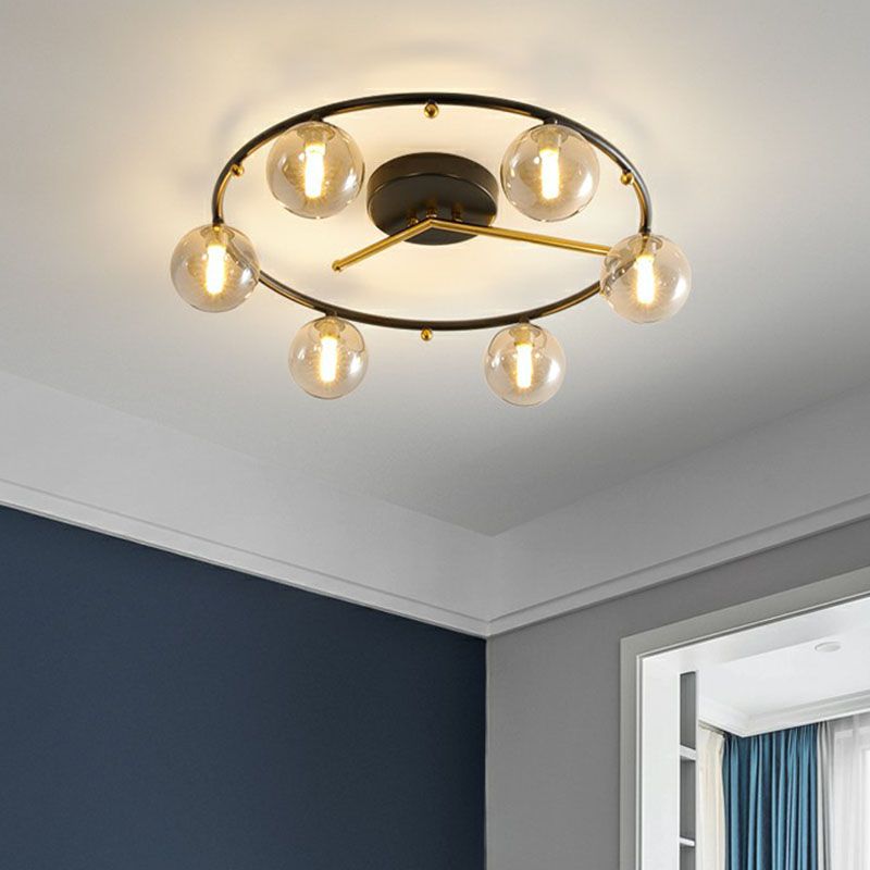 Schwarz-Messing-Uhr-Deckenlampe postmoderne kreative 6-Kopf-Kugelglas Halbflush-Leuchte