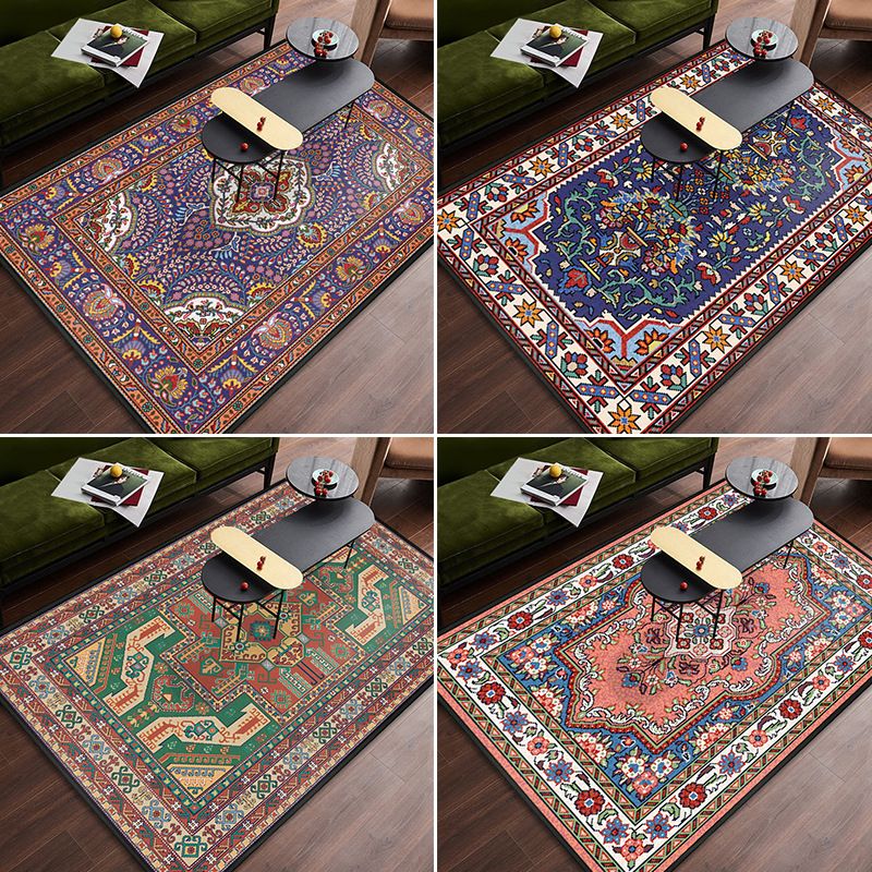 Persian Tribal Patterned Rug Multi-Color Polyester Carpet Stain Resistant Pet Friendly Anti-Slip Backing Rug for Bedroom