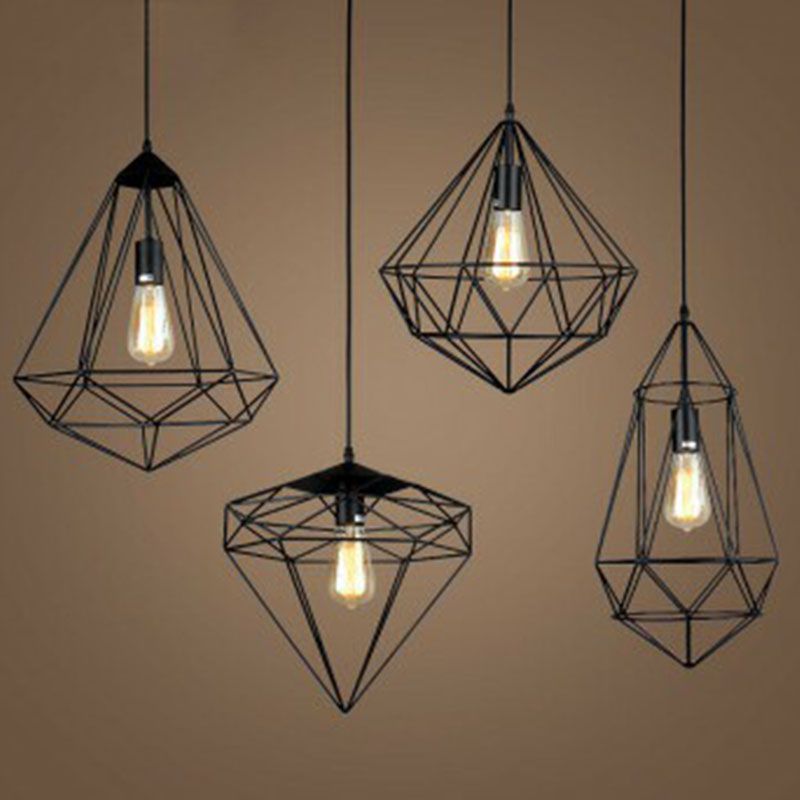 Iron edelsteen frame ophanging verlichting retro stijl 1 hoofd restaurant hanger plafondlicht in zwart