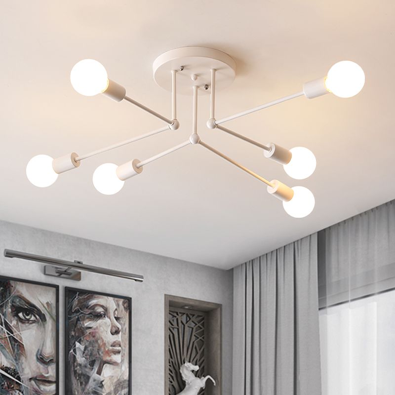 White Finish 6/8 Lights Semi Flush Light Loft Style Metallic Sputnik Ceiling Lighting for Living Room