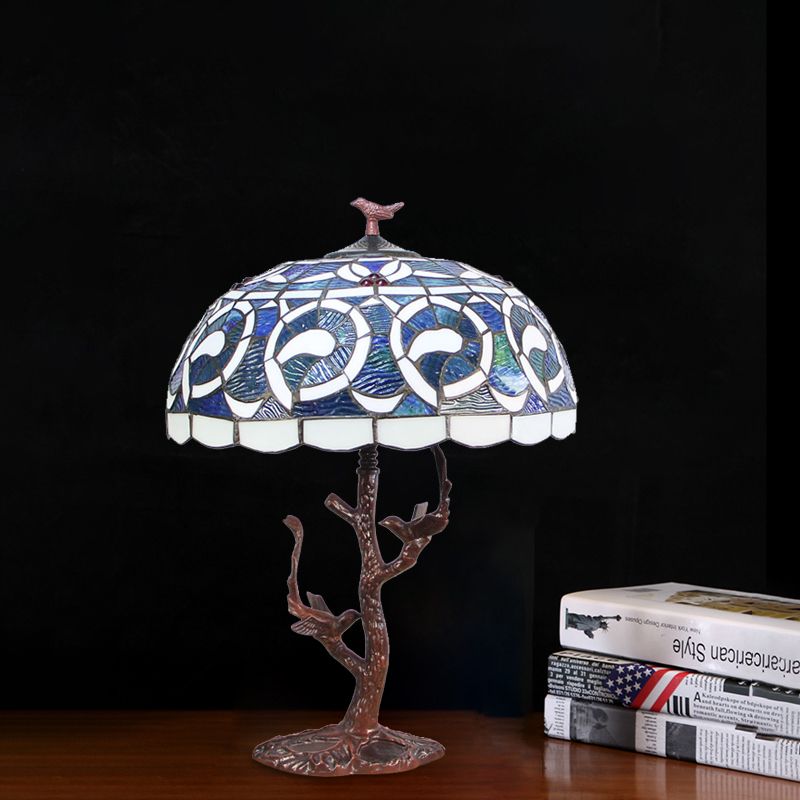 Bowl Shaped Night Lighting 1-Light Cut Glass Mediterranean Table Light in Coffee with Tree Design