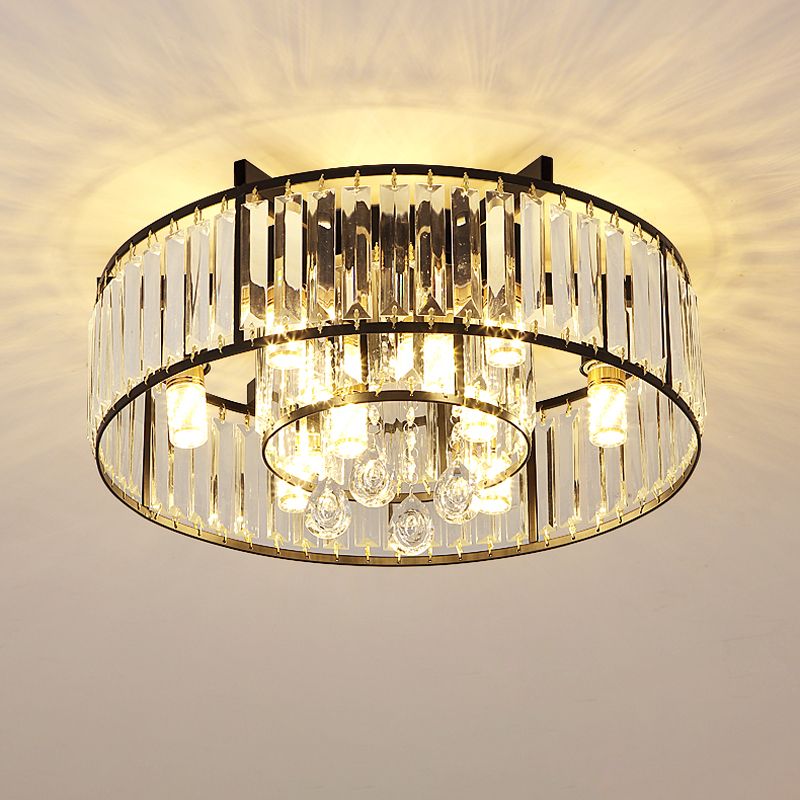 Double Round Bedroom Flushmount Minimalist Faceted Crystal 7 Lights Black Flush Mounted Lamp