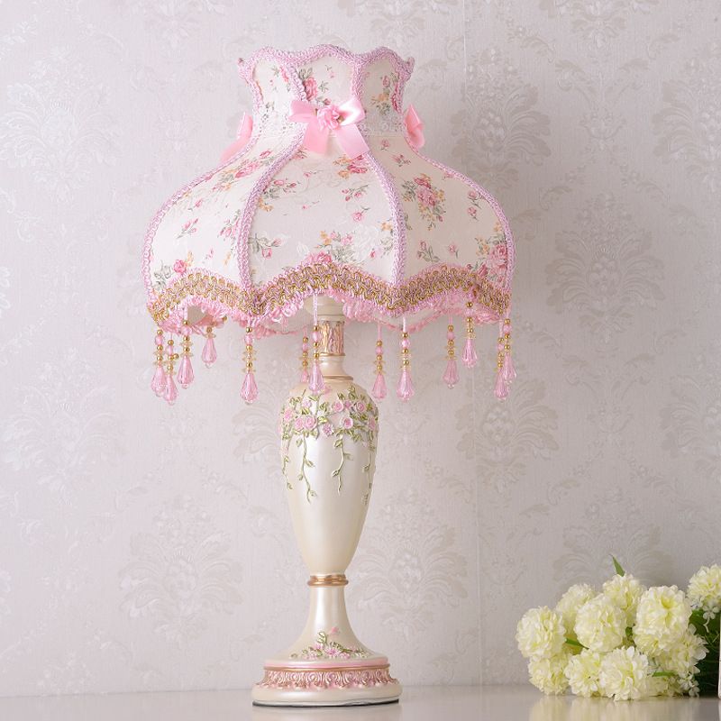 Vase Resin Night Table Lamp Pastoral 1-Head Pink Nightstand Light with Braided Trim and Drape