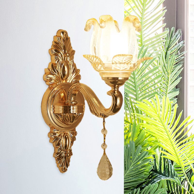 Gold 1/2-Bulb Sconce Light Traditional Frosted Glass Floral Wall Lighting Ideas for Living Room