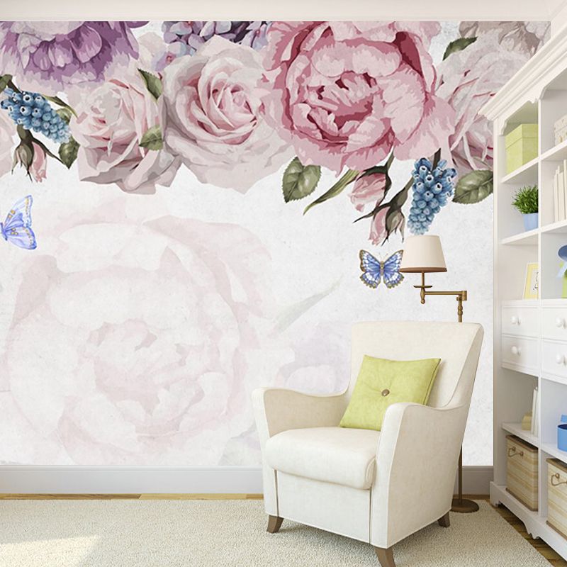 Flower Print Blooming Peony Mural Modern Smooth Wall Covering in Pink-Blue