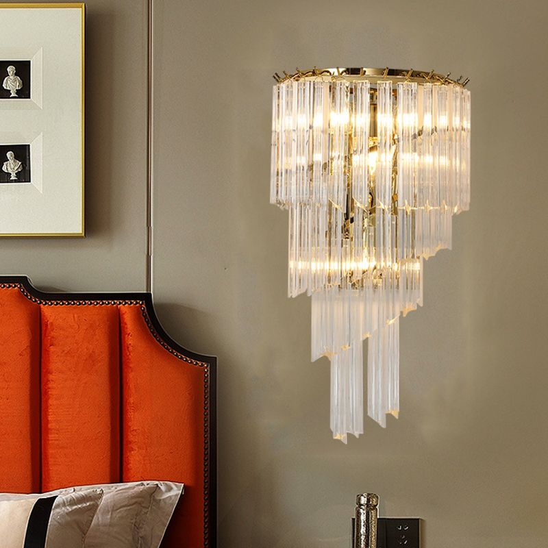 Gold Stagger Wall Sconce in Modern Luxury Style Wrought Iron 4-Light Wall Lamp with Crystal Shade