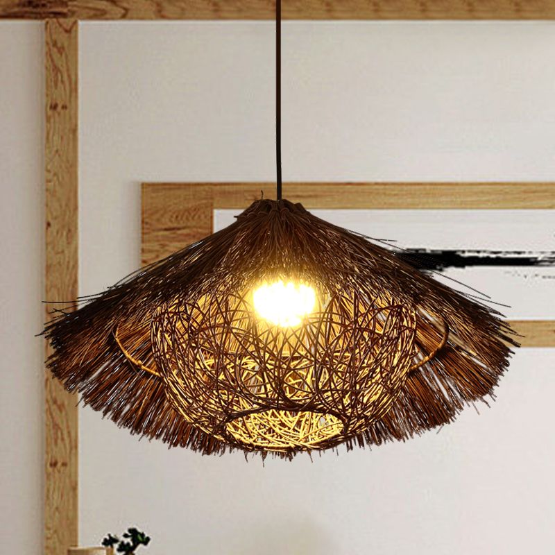 Tapered Hanging Light Chinese Rattan 1 Head Coffee Suspended Lighting Fixture, 16.5"/20.5"/24.5" Wide