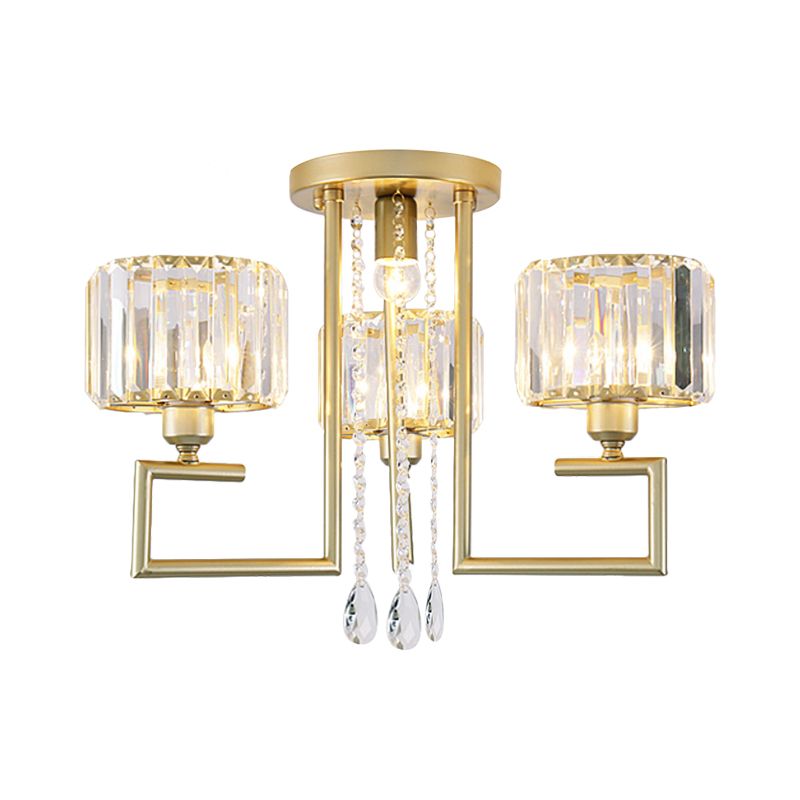 Modern 3/6 Lights Flush Mount Chandelier with Clear Crystal Shade Cylinder Ceiling Light Fixture in Gold Finish