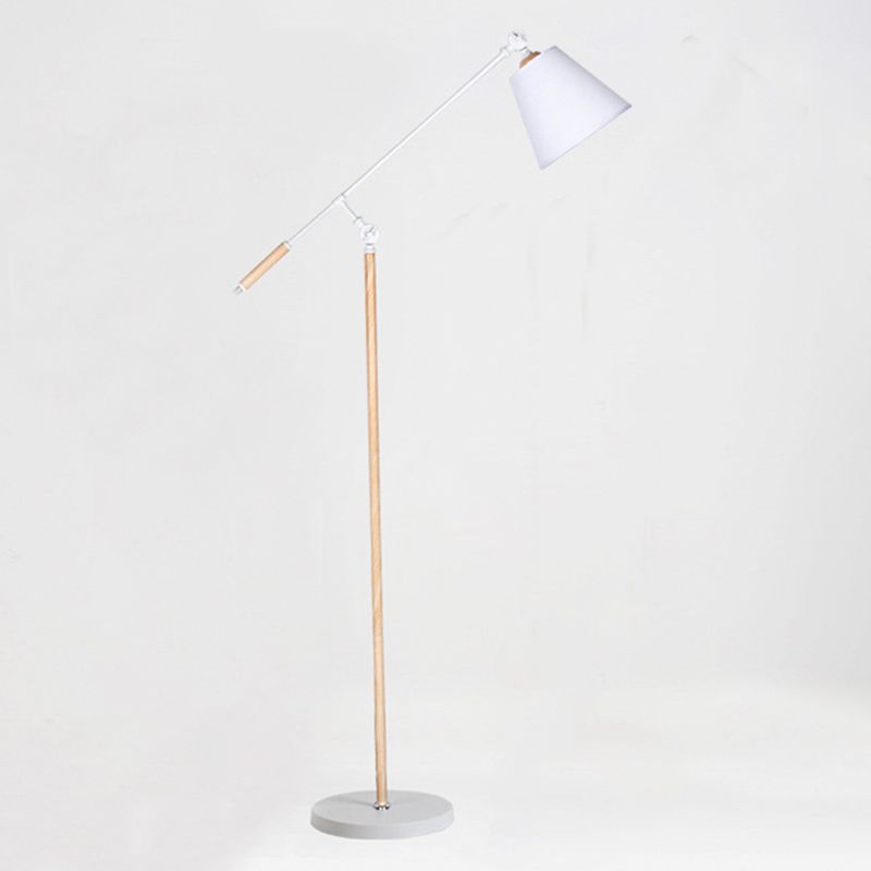 Tapered Floor Reading Lamp Nordic Fabric 1 Bulb Black/White and Wood Floor Light with Swing Arm