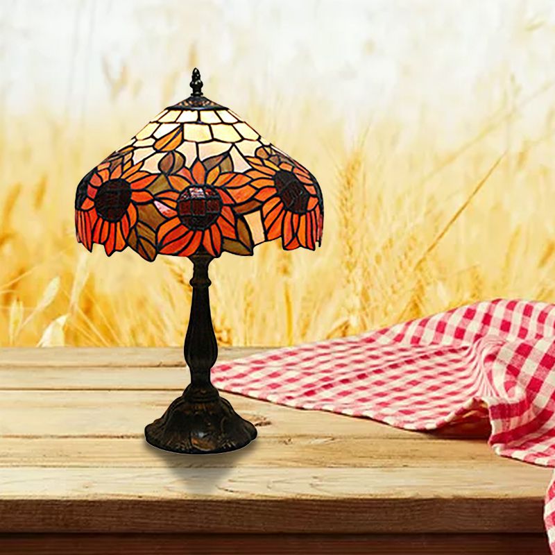Rustic Tiffany Sunflower Desk Light 1 Head Stained Glass Cone/Dome/Bowl Table Light in Orange for Bedroom