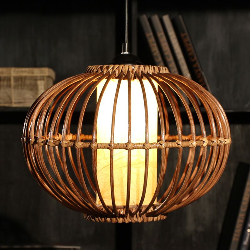 Bamboo Lantern Ceiling Light Asian 1 Bulb Brown Pendant Lighting Fixture with Inner Cylinder Parchment Shade