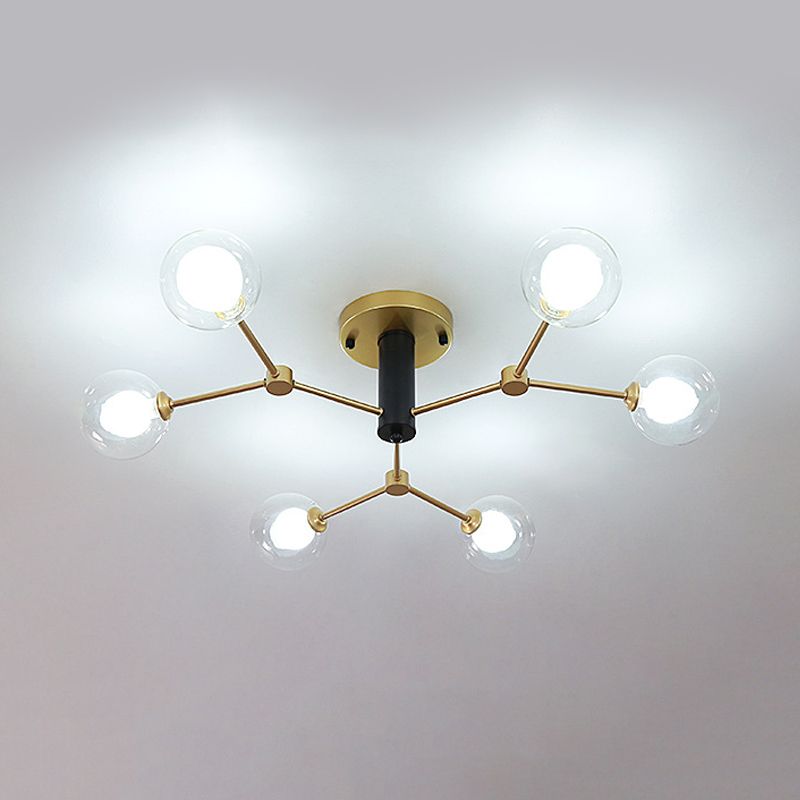Postmodern Molecule Massimale Light Clear e White Glass 6 Heads Bedroom Semi Flush Montaggio Lighting in Gold