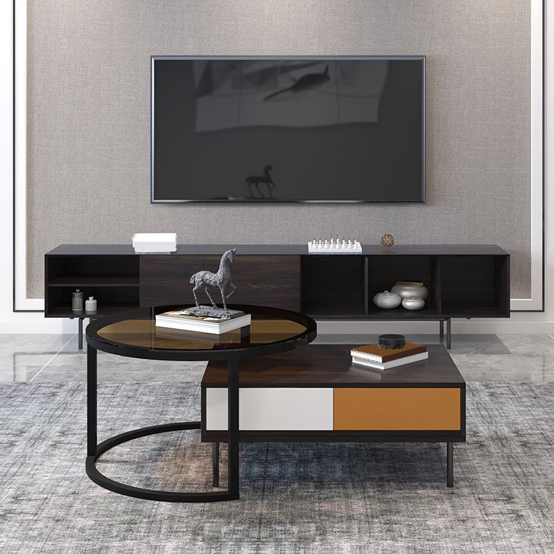Modern 4 Legs Cocktail Table with 4 Drawers Glass & Wood 2 Nesting Coffee Table Set