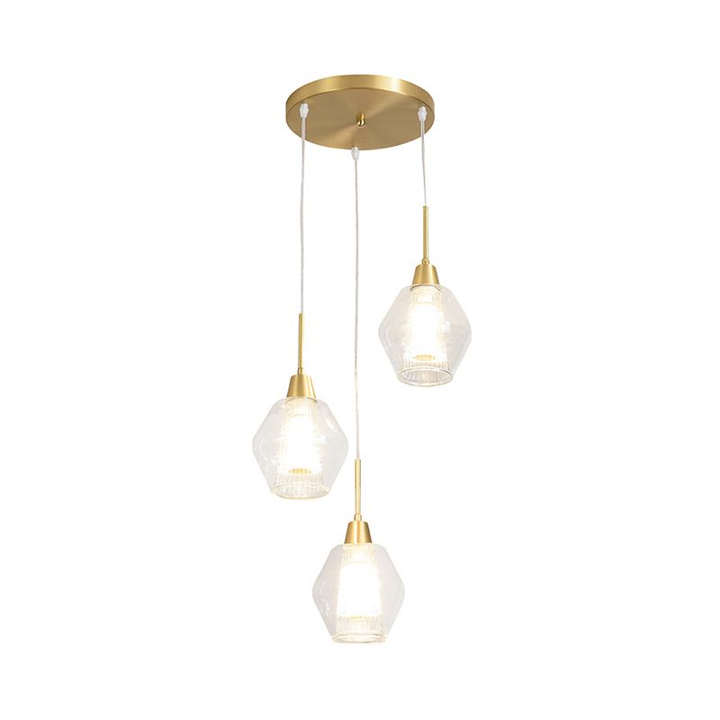 Dual-Shade Diamond Ceiling Hand Lamp Modern Clear Glass 3-Bulb Gold Round/Linear Canopy Cluster Pendant Light