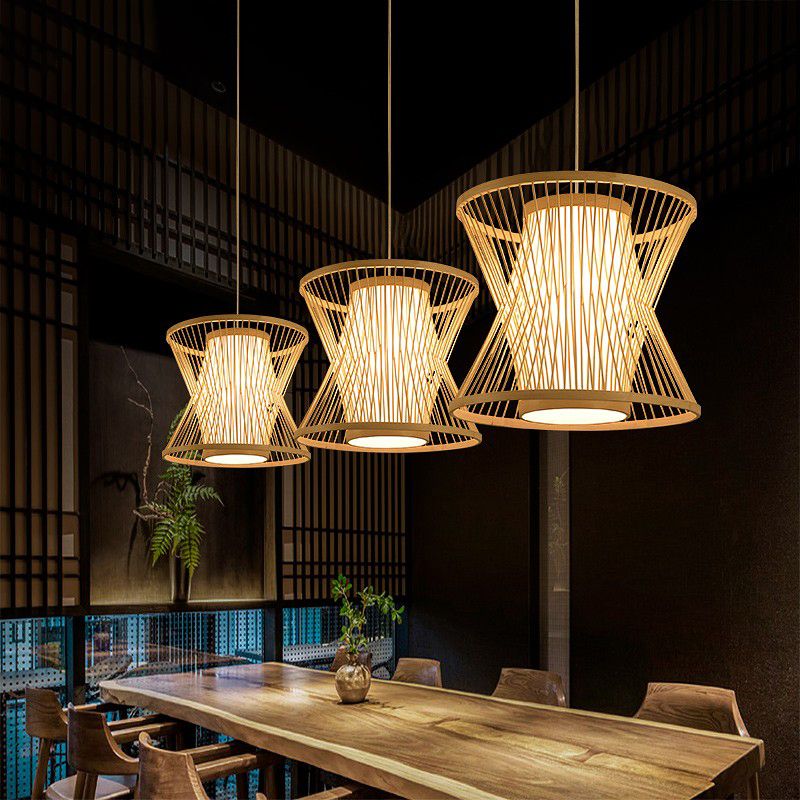 Symmetric Cage Pendant Lighting Nordic Bamboo 1 Bulb Beige Pendulum Light for Restaurant