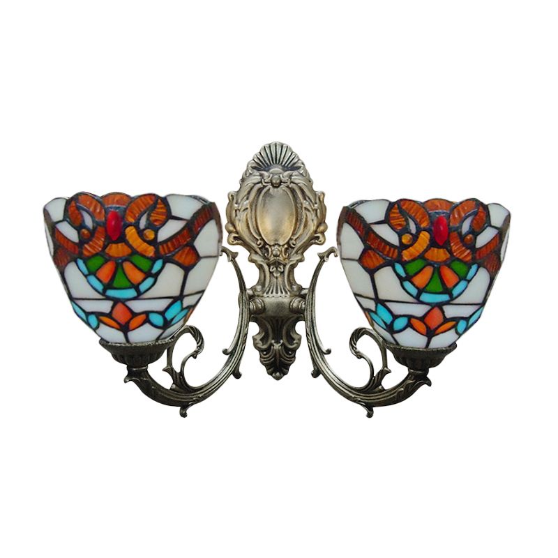 Stained Glass Bowl Wall Lamp with Curved Arm Baroque 2 Heads Wall Sconce Lighting in Aged Brass