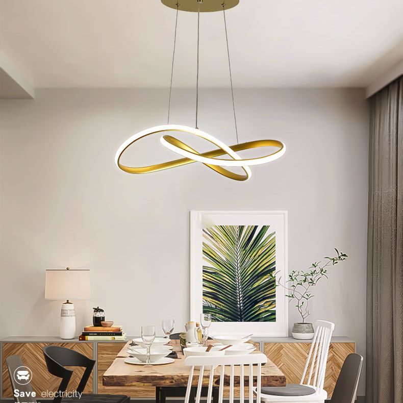 Moderne minimalistische stijl LED -lijn kroonluchter witte acryl schaduw aluminium onregelmatig gebogen hanglicht voor eetkamer