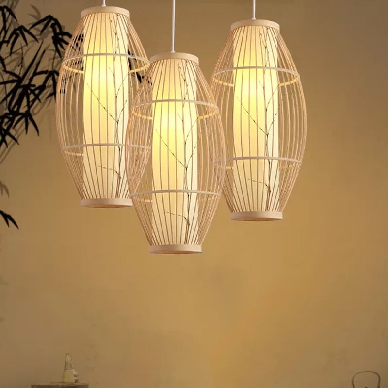 Asiatische 1-Haupt-Anhänger-Leuchten-Leuchte Beige ovale Deckenhängung Lampe mit Bambusschatten, 14 "/19.5" /31,5 "breit