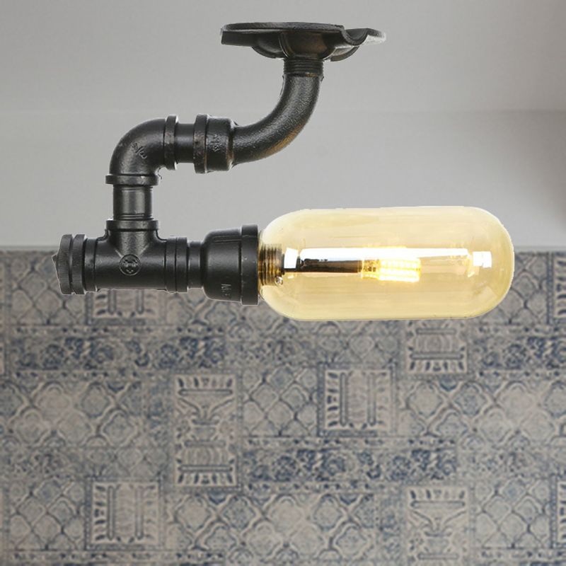 1 Light Capsuled Shade Semi Flush Light Industrial Black Amber Glass Ceiling Mount with Pipe Design