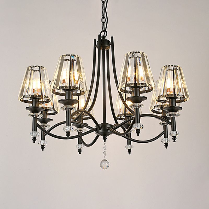 8 Heads Hanging Light Fixture Modern Swirled Arms Crystal Tapered Shade Chandelier in Black with Rounded Glass Ball