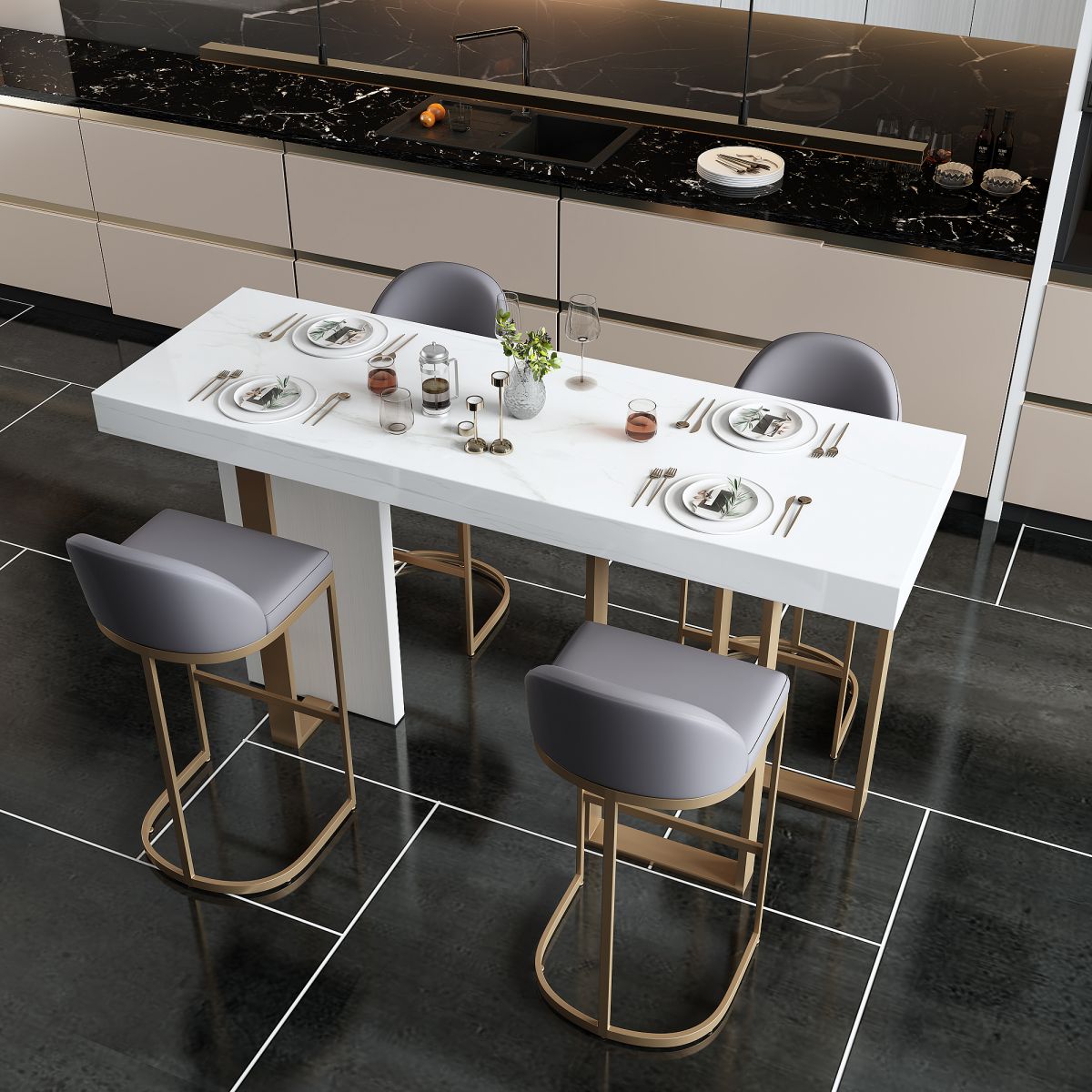 Glam Faux Leather Bar Stools Armless Dining Stools with Metal Base