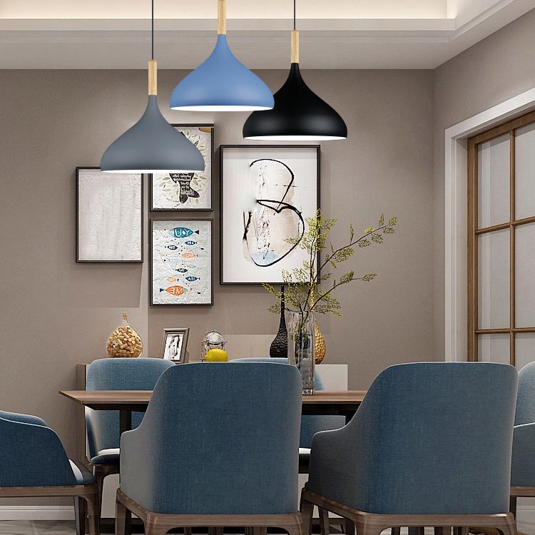 Modern Wooden Top Pendant Light, Minimalist Teardrop Shade Macaron Hanging Lamp