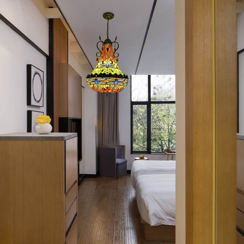 16"/19.5" Wide Dragonfly Chandelier Light Mediterranean Stained Glass 6/8 Lights Antique Brass Pendant Lamp