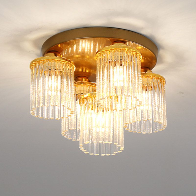 Cylinder Crystal Rod Ceiling Light Fixture Postmodern 5/10/12 Heads Brass Semi Flush Mount Lamp