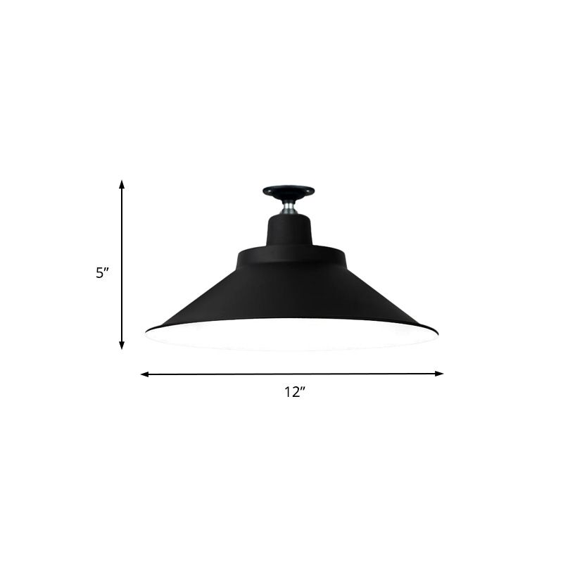 12"/16"/19.5" Wide Cone Metal Ceiling Lighting Industrial Style 1 Head Balcony Semi Flush Mount Lighting in Black