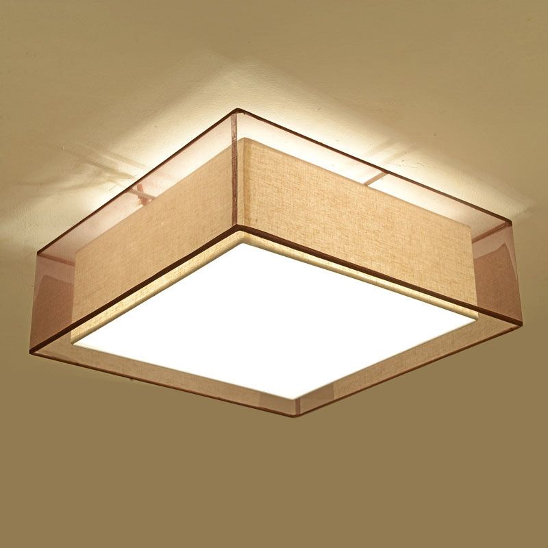 Brown Square Ceiling Light in Traditional Concise Style Wrought Iron Flush Mount with Fabrics Shade