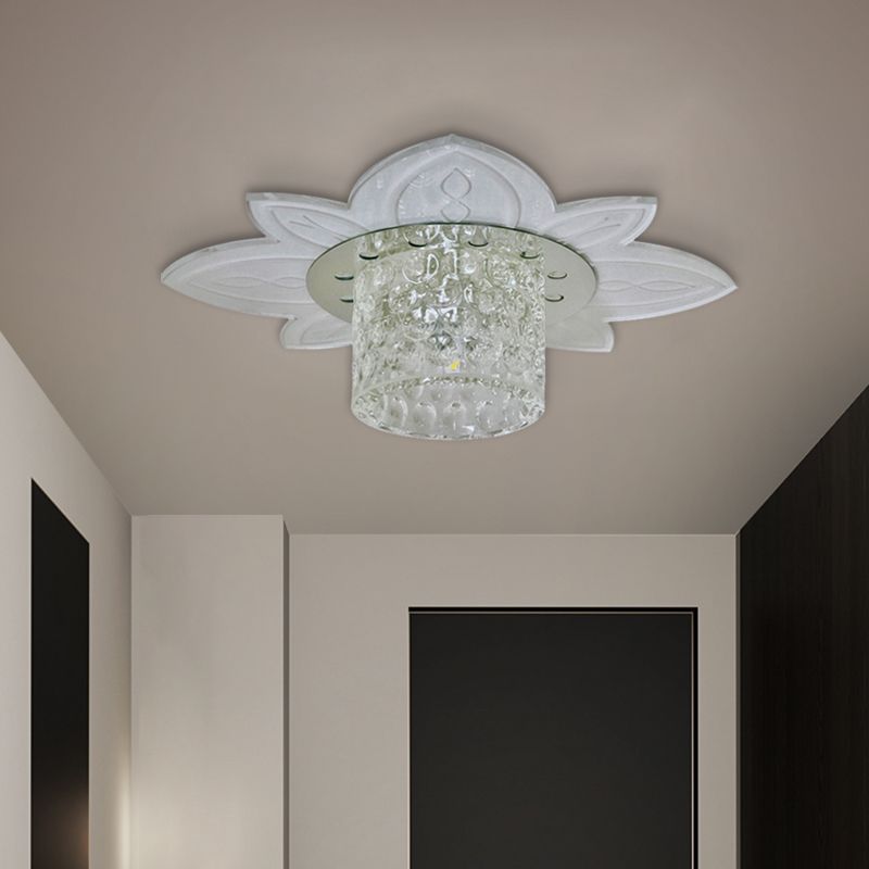 Clear Crystal Prism Cylindrical Flush Mount Simple LED Corridor Light Fixture Ceiling with Floral Base