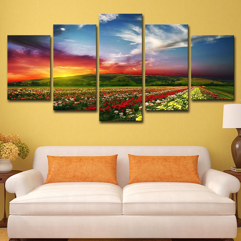 Enchanting Evening Glow Wall Decor House Interior Blooming Flower Farm Canvas Art in Red