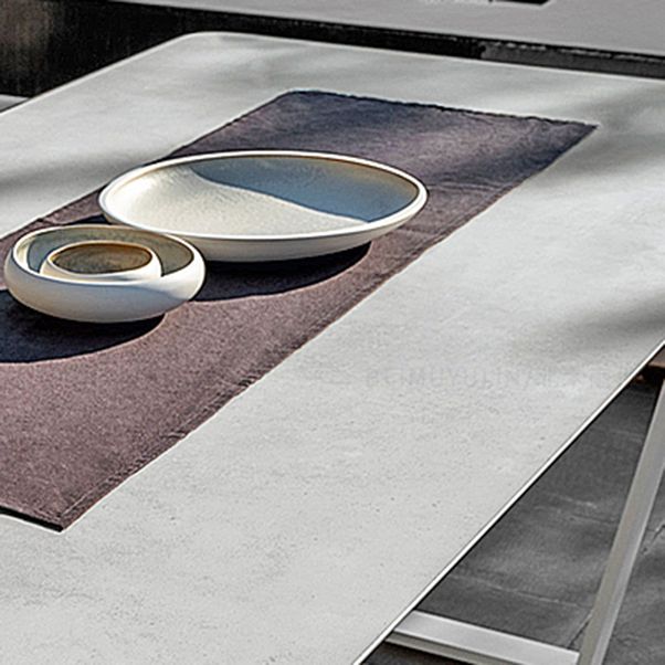 Modern Rectangle Patio Table Outdoor Stone Top and Steel Frame Dining Table