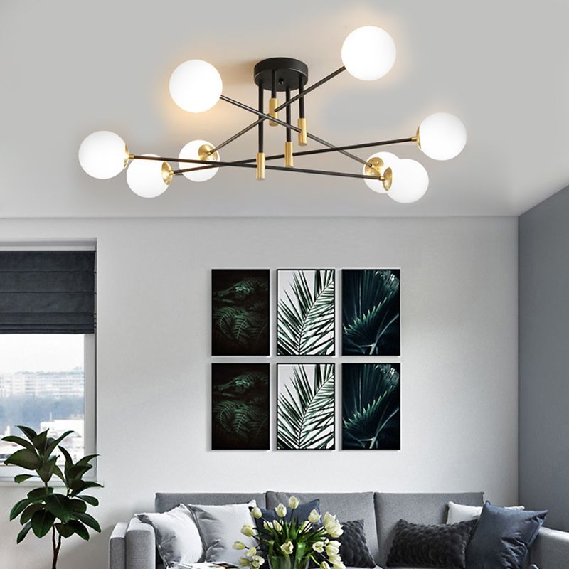 Sphère en verre crème semi-encastré moderniste 4/6/8 lumières noir luminaire semi-encastré avec bras linéaire
