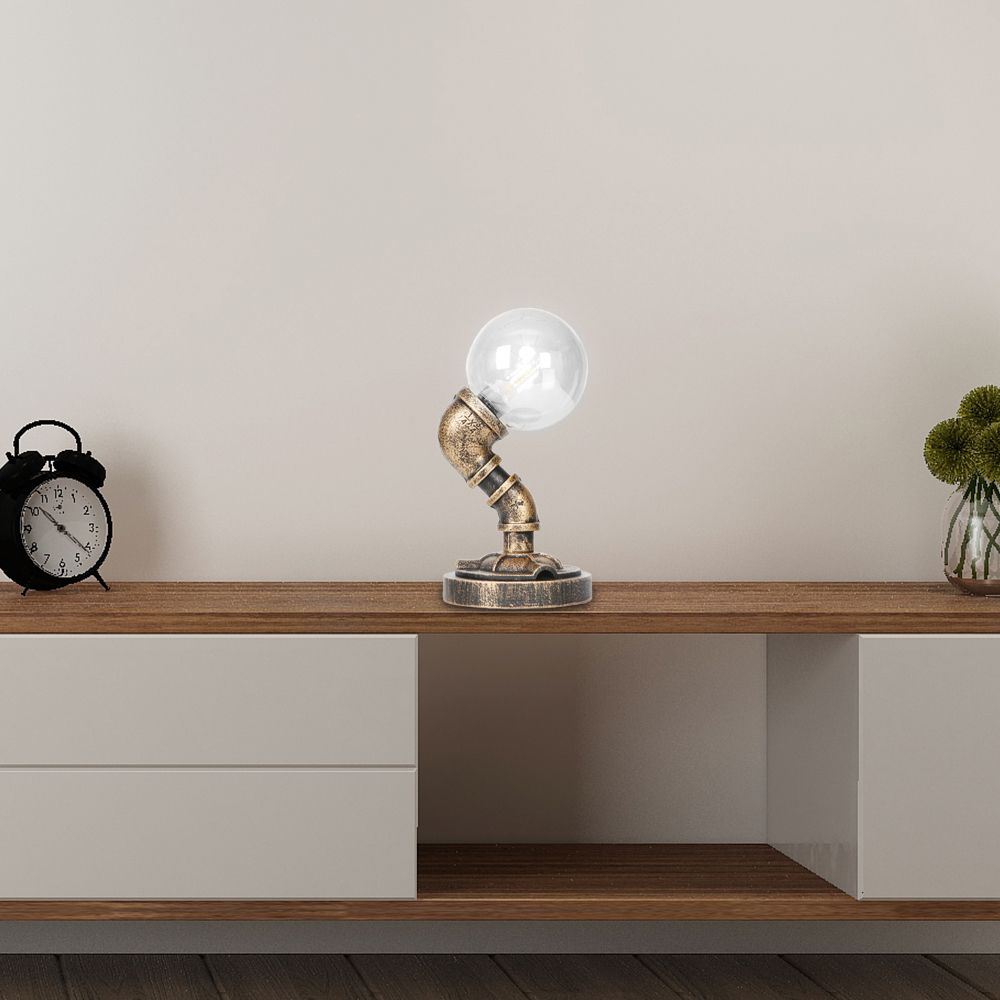 1 Light Light/Amber Glass Desk Lampada Vintage Vintage Bronzo Globe Bronzo Ombra del soggiorno Luce con base