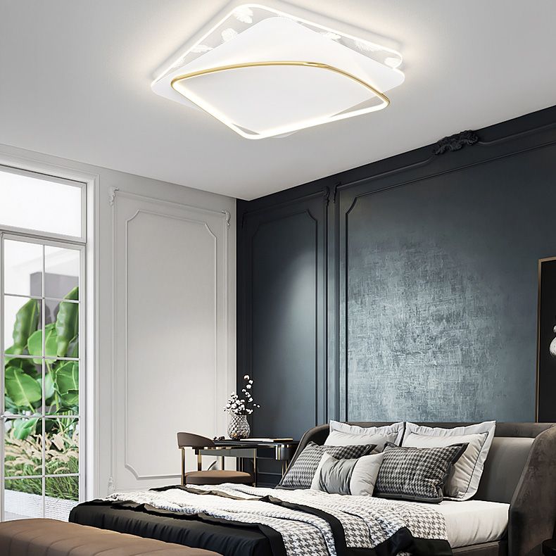 Lámpara de techo de hierro forjado con plumas de estilo conciso y moderno, montaje semiempotrado LED geométrico blanco para dormitorio