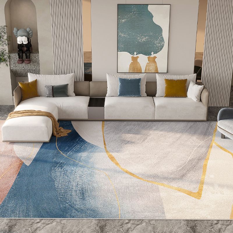 Blue Tone Modern Indoor Rug Polyester Abstract Print Carpet Non-Slip Backing Rug for Home Decoration
