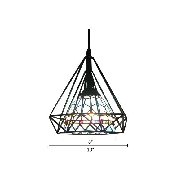 Hotel Domed Pendant Light Stained Glass 1 Light Tiffany Blue Hanging Light with Diamond Cage