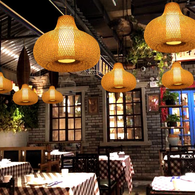 Chinese Pear-Shaped Pendant Lighting Fixtures Rattan Hanging Light with Hanging Cord for Restaurant