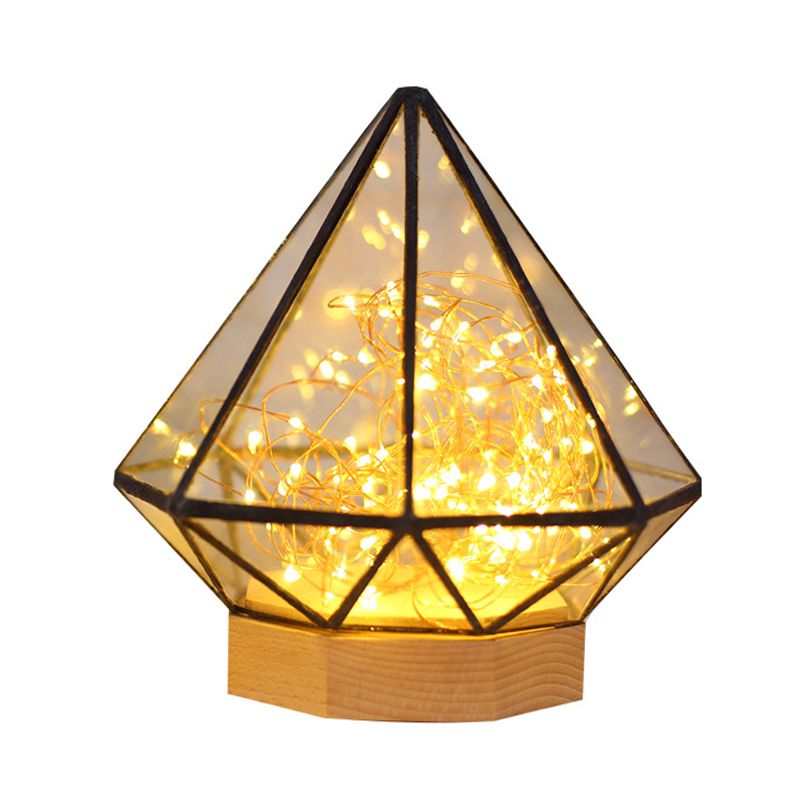Kids Diamond Night Lamp transparant glas Slaapkamer LED -tafelverlichting in hout met cartoonproces en gloedstouw erin