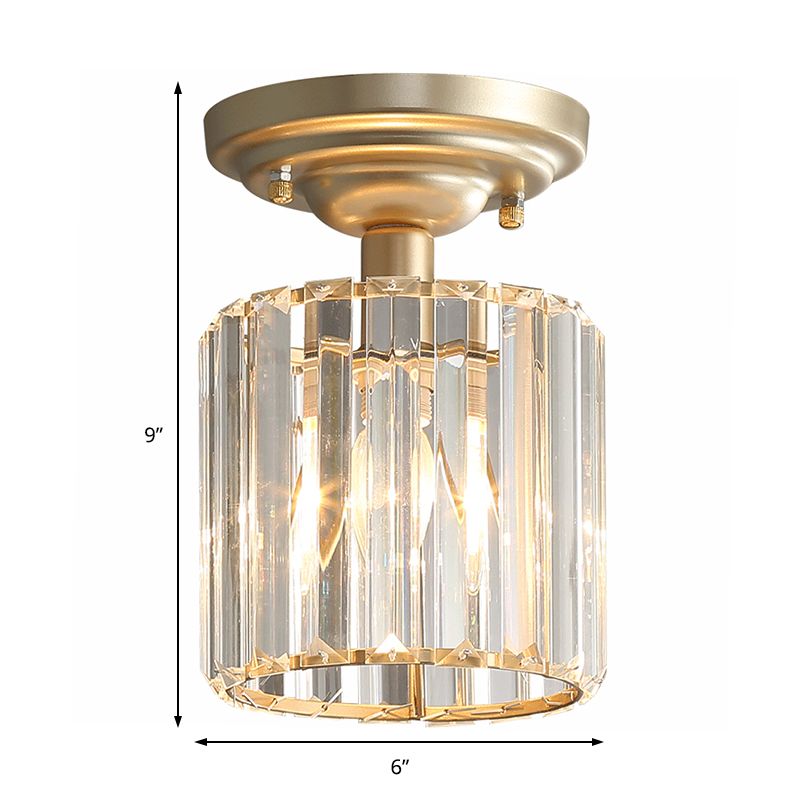 Plafonnier à 1 lumière de style simple avec abat-jour en bloc de cristal, semi-encastré à cylindre doré