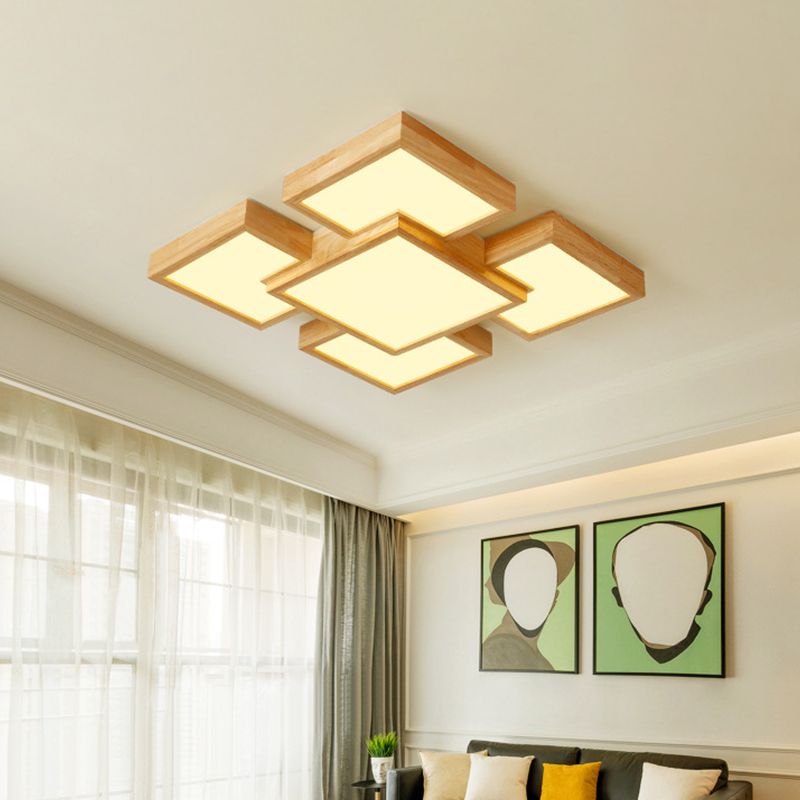 Beige vierkant/rechthoekblokspoellicht modern 22 "/31,5"/42 "brede LED houten plafond gemonteerde lamp